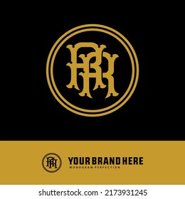 Monogram Logo, Initial letters R or RR, Interlock, Vintage, Classic, Yellow Color on Black Background