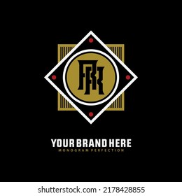 Monogram Logo, Initial letters R or RR, Interlock, Modern, Sporty, White, Black, Gold and Red Color on Black Background