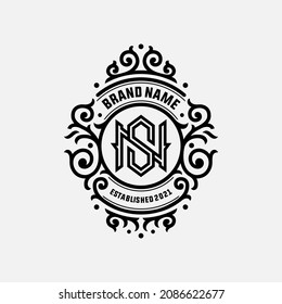 Monogram logo, Initial letters S, N, SN or NS, black color on white background