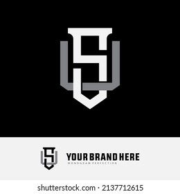 Monogram Logo, Initial letters S, U, SU or US, Interlock, Modern, Sporty, White and Gray Color on Black Background