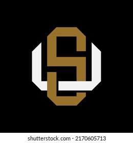 Monogram Logo, Initial letters S, U, SU or US, Interlock, Modern, Sporty, White and Brown Color on Black Background