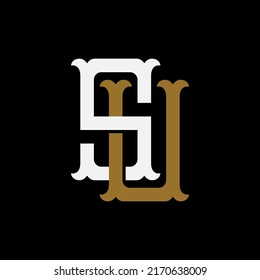 Monogram Logo, Initial letters S, U, SU or US, Interlock, Vintage, Classic, White and Brown Color on Black Background