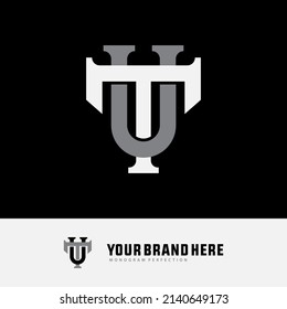 Monogram Logo, Initial letters T, U, TU or UT, Interlock, Modern, Sporty, White and Grey Color on Black Background