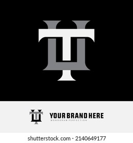 Monogram Logo, Initial letters T, U, TU or UT, Interlock, Modern, Sporty, White and Grey Color on Black Background