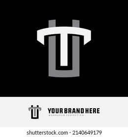 Monogram Logo, Initial letters T, U, TU or UT, Interlock, Modern, Sporty, White and Grey Color on Black Background