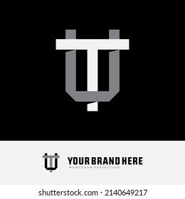 Monogram Logo, Initial letters T, U, TU or UT, Interlock, Modern, Sporty, White and Grey Color on Black Background