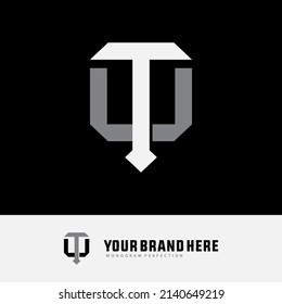 Monogram Logo, Initial letters T, U, TU or UT, Interlock, Modern, Sporty, White and Grey Color on Black Background