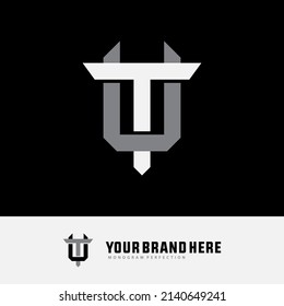 Monogram Logo, Initial letters T, U, TU or UT, Interlock, Modern, Sporty, White and Grey Color on Black Background