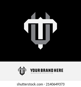 Monogram Logo, Initial letters T, U, TU or UT, Interlock, Modern, Sporty, White and Grey Color on Black Background