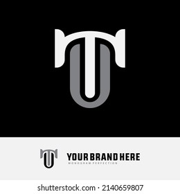 Monogram Logo, Initial letters T, U, TU or UT, Modern, Sporty, White and Grey Color on Black Background