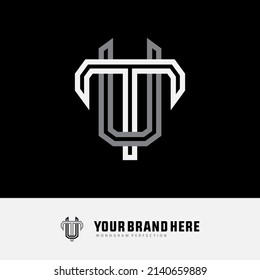 Monogram Logo, Initial letters T, U, TU or UT, Interlock, Modern, Sporty, White and Grey Color on Black Background