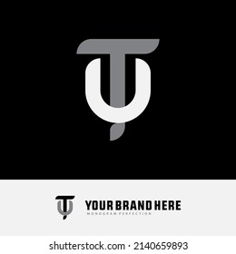 Monogram Logo, Initial letters T, U, TU or UT, Interlock, Modern, Sporty, White and Grey Color on Black Background