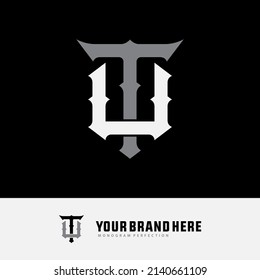 Monogram Logo, Initial letters T, U, TU or UT, Interlock, Classic, Vintage, White and Grey Color on Black Background