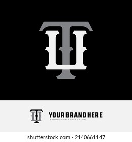 Monogram Logo, Initial letters T, U, TU or UT, Interlock, Classic, Vintage, White and Grey Color on Black Background