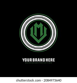 Monogram logo, Initial letters U, M, UM or MU, white and green color on black background