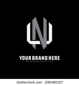 Monogram logo, Initial letters U, N, UN or NU, white and grey color on black background