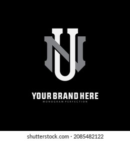 Monogram logo, Initial letters U, N, UN or NU, white and grey color on black background