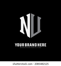 Monogram logo, Initial letters U, N, UN or NU, white and grey color on black background