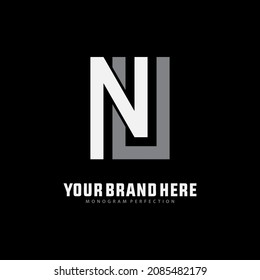 Monogram logo, Initial letters U, N, UN or NU, white and grey color on black background