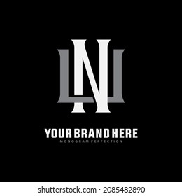 Monogram logo, Initial letters U, N, UN or NU, white and grey color on black background