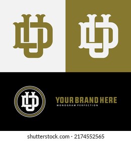 Logotipo de monograma, letras iniciales U, D, UD o DU, Interlock, Vintage, CLassic, Black, White y Gold Color