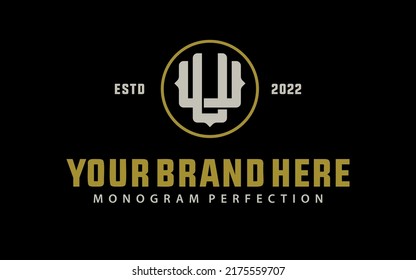 Monogram Logo, Initial letters U or UU, Interlock, Modern, Sporty, Cream and Gold Color on Black Background