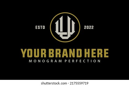 Monogram Logo, Initial letters U or UU, Interlock, Modern, Sporty, Cream and Gold Color on Black Background