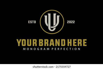 Monogram Logo, Initial letters U or UU, Interlock, Modern, Sporty, Cream and Gold Color on Black Background