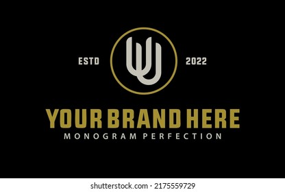 Monogram Logo, Initial letters U or UU, Interlock, Modern, Sporty, Cream and Gold Color on Black Background