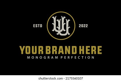 Monogram Logo, Initial letters U or UU, Interlock, Vintage, Classic, Cream and Gold Color on Black Background