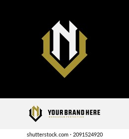 Monogram logo, Initial letters V, N, VN or NV, white and gold color on black background