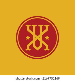 Monogram Logo, Initial letters V, X, VX or XV, Interlock, Vintage, Classic, Red and Yellow Color on Yellow Background