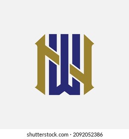 Monogram logo, Initial letters W, N, WN or NW, blue and gold color on white background