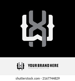 Monogram Logo, Initial letters W, X, WX or XW, Interlock, Modern, Sporty, White and Grey Color on Black Background