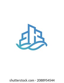 The monogram logo of the initials BCB that forms the building and with a combination of waves on the bottom svg