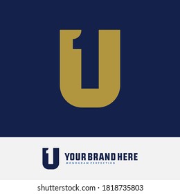 Monogram logo letter 1, U, 1U or U1 modern, simple, sporty, gold color on blue background