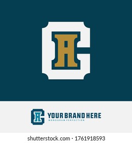 Monogram logo letter A, C, AC or CA modern, simple, sporty, gold and white color on blue tosca background