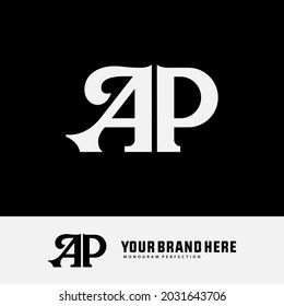 Monogramm-Logo Buchstaben A, P, AP oder PA klassisch, einfach, Vintage, weiße Farbe auf schwarzem Hintergrund