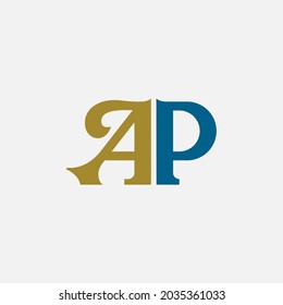 Letra monograma a, P, AP o PA del logotipo, color simple, vintage, dorado y azul sobre fondo blanco