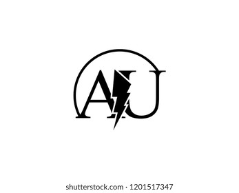 The monogram logo letter AU is split by lightning