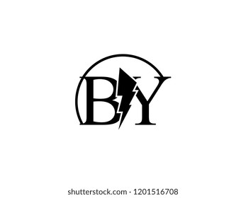 The monogram logo letter BY is split by lightning