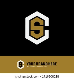 Monogram logo letter C, S, CS or SC `modern, simple, sporty, white and gold color on black background