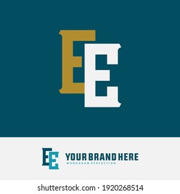 Monogram logo letter E or EE `modern, simple, sporty, white and gold color on blue tosca background