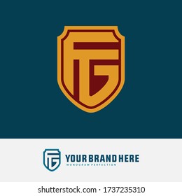 Monogram logo letter F, G, FG or GF modern, simple, sporty, red and yellow color on blue tosca background