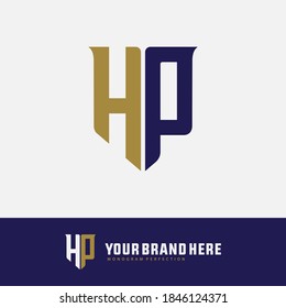 Letra monograma H, P, HP o PH de color moderno, simple, deportivo, dorado y azul sobre fondo blanco