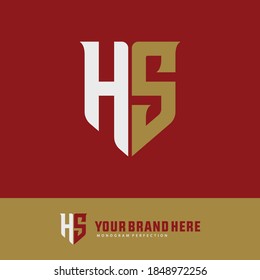 Monogram logo letter H, S, HS or SH modern, simple, sporty, white and gold color on red background
