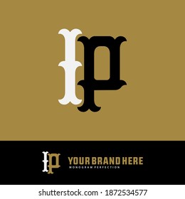 Monogram logo letter I, P, IP or PI simple, vintage, classic, black and white color on gold background