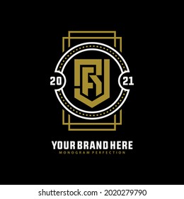 Monogram logo letter J, R, F, JRF, JFR, RFJ, RJF, FJR or FRJ classic, simple, vintage, badge logo, white and gold color on black background
