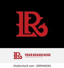 Monogram logo letter L, R, LR or RL classic, simple, vintage, red color on black background