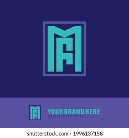 Monogram logo letter M, F, MF or FM modern, simple, sporty, tosca and purple color on blue background